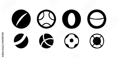 Conjunto de iconos de deportes de pelota que incluye pelota de fútbol, ​​baloncesto, voleibol, béisbol, pelota de tenis, pelota de golf, fútbol americano, pelota de rugby y pelota de críquet.