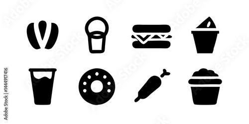 Colección de íconos de comida rápida que incluye hamburguesas, hot dogs, papas fritas, porciones de pizza, tacos, nachos, pollo frito, burritos, aros de cebolla, batidos y vasos de refresco en estilo 