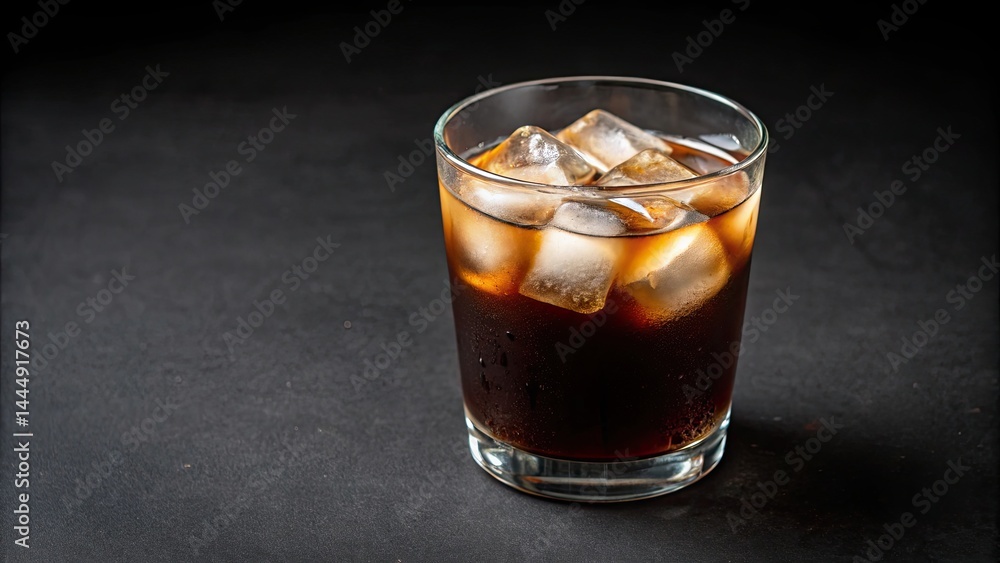 A glass filled with dark soda and ice cubes, set against a black background, creating a refreshing and appetizing appearance. A glass filled with dark soda and ice cubes, set against a black background, creating a refreshing and appetizing appearance.
