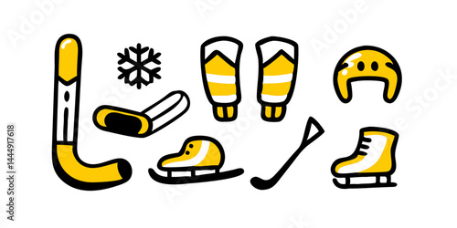 Colección de iconos de los deportes de invierno: esquí, snowboard, patines de hielo, trineo, bobsleigh, palo de hockey sobre hielo, piedra de curling, moto de nieve, raquetas de nieve