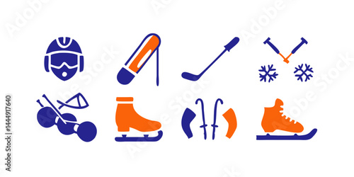 Winter Sports Icons collection: Ski, snowboard, ice skates, sled, bobsleigh, ice hockey stick, curling stone, snowmobile, snowshoe