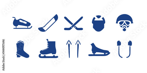 Colección de iconos de los deportes de invierno: esquí, snowboard, patines de hielo, trineo, bobsleigh, palo de hockey sobre hielo, piedra de curling, moto de nieve, raquetas de nieve