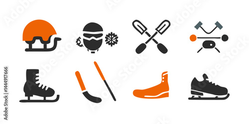 Colección de iconos de los deportes de invierno: esquí, snowboard, patines de hielo, trineo, bobsleigh, palo de hockey sobre hielo, piedra de curling, moto de nieve, raquetas de nieve