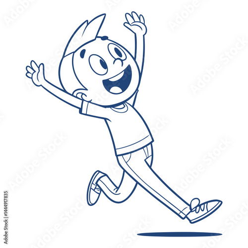 Excited Boy Outline Jumping High with Joy, Smiling, Wearing Jeans and Tshirt, Hand Raised