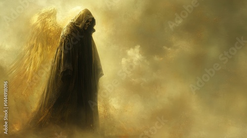 A solitary figure draped in dark robes, bathed in golden light.