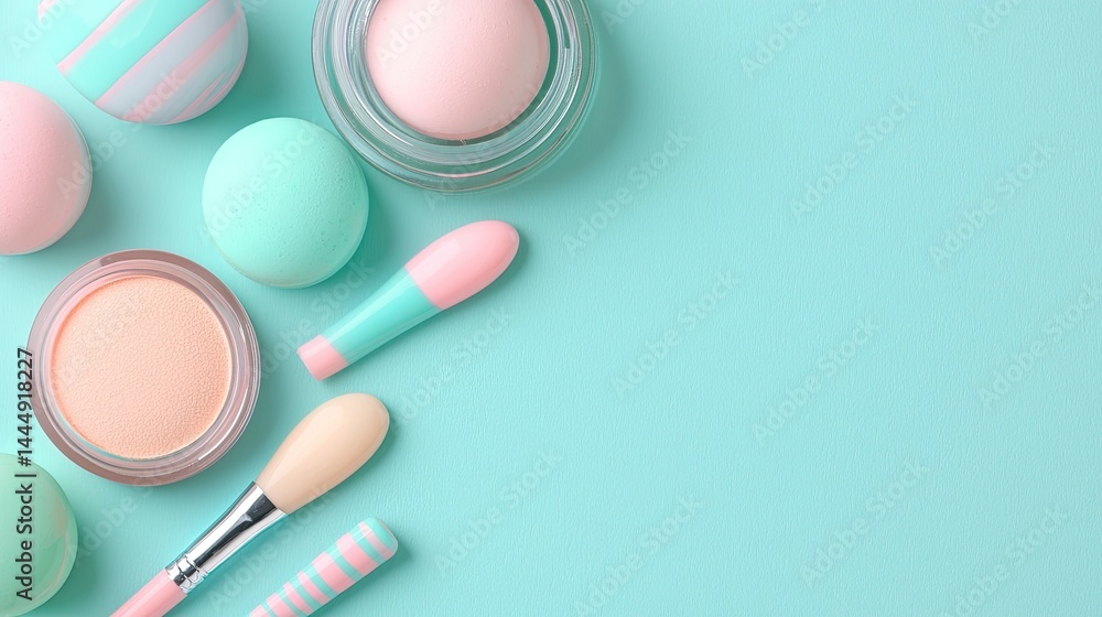 Pastel Makeup Products Flatlay with Aqua Background Pastel Makeup Products Flatlay with Aqua Background