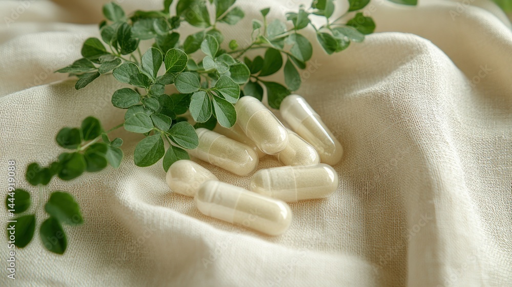 Healthy capsules on a light cloth, next to fresh leaves Healthy capsules on a light cloth, next to fresh leaves
