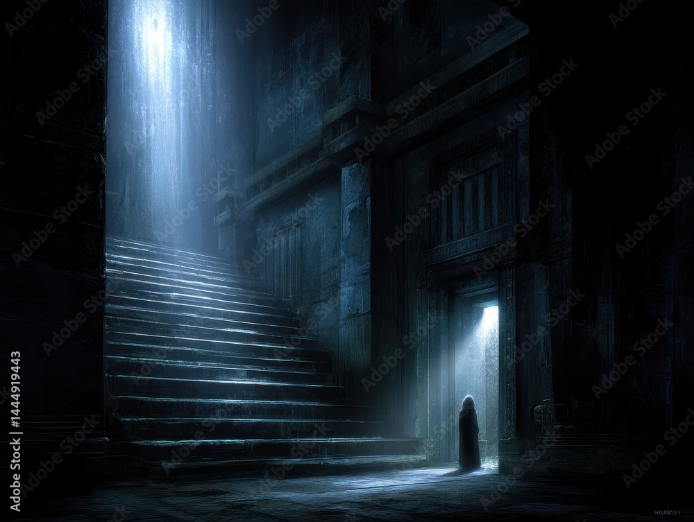Obraz premium Mysterious ancient stone stairway leading to a shadowy doorway.