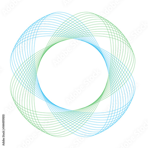Fully editable strokes form this intricate geometric rosette pattern. Created with fine, overlapping lines in distinct blue and green colors. Vector graphic for customization.