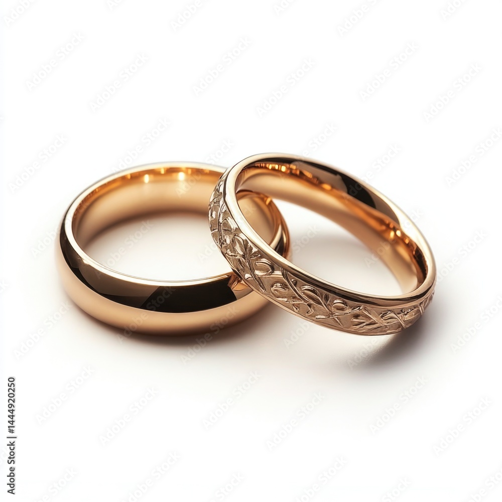 Two elegant wedding rings featuring a smooth and engraved band design on white background Two elegant wedding rings featuring a smooth and engraved band design on white background