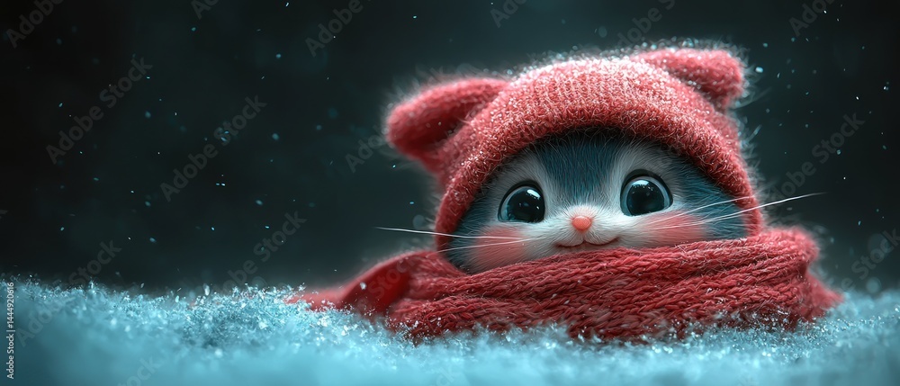 Adorable kitten snuggled in a warm red hat and scarf, nestled in the snow during a gentle snowfall Adorable kitten snuggled in a warm red hat and scarf, nestled in the snow during a gentle snowfall