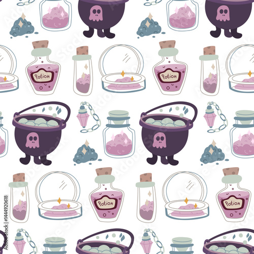 The potion-making pattern. pollen, jar, magic sand, tools in the style of magic doodles. A color tablet. Texture for fantasy projects, books, games, and artwork related to magic and mystical rituals