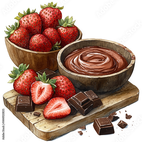 Chocolate Fondue With Strawberries, vector watercolor illustration, isolated on a white background.