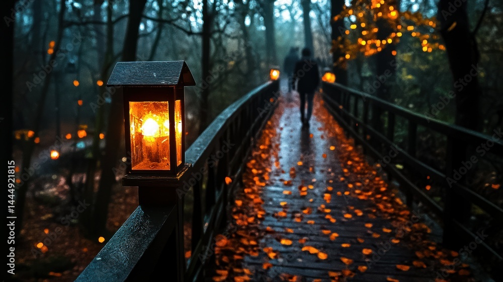 A wooden bridge illuminated with glowing lanterns at twilight A wooden bridge illuminated with glowing lanterns at twilight