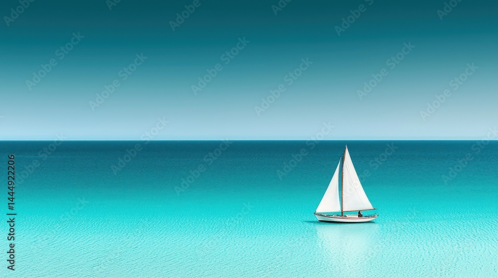 Obraz premium A small white sailboat floats peacefully on tranquil turquoise ocean waters