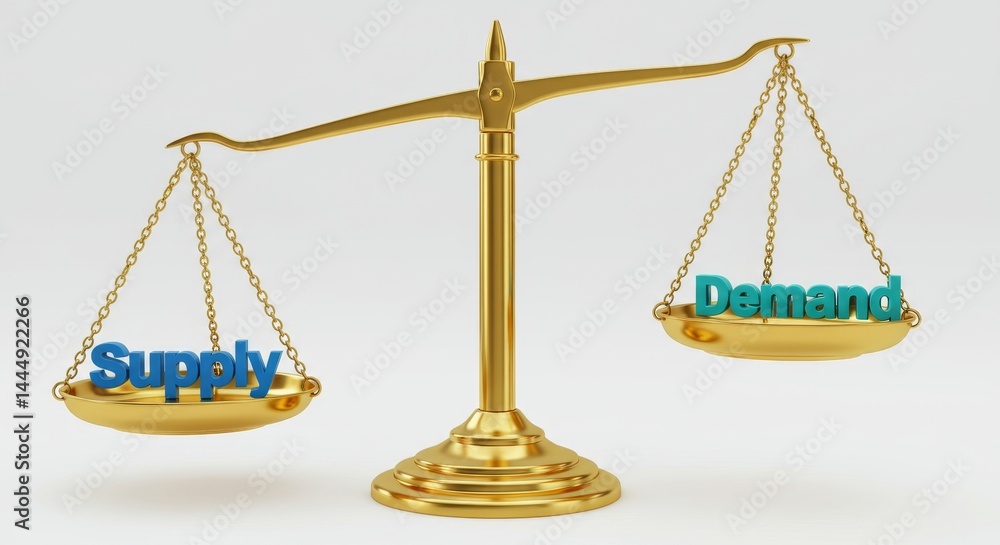Golden balance scale showcasing supply and demand dynamic economic model Golden balance scale showcasing supply and demand dynamic economic model