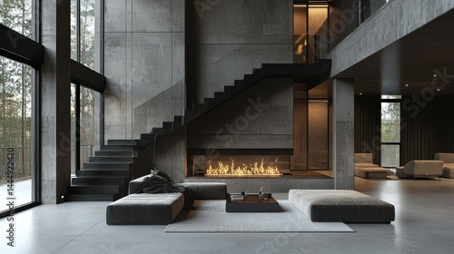 Luxurious minimalist home interior with a modern fireplace and stairs