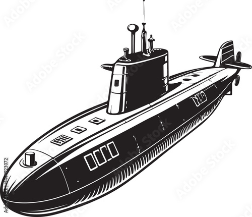 Submarine Black and White Vector Illustration, Sketch Drawing Line Linear Symbol Icon Engraving, Hand-drawn Isolated