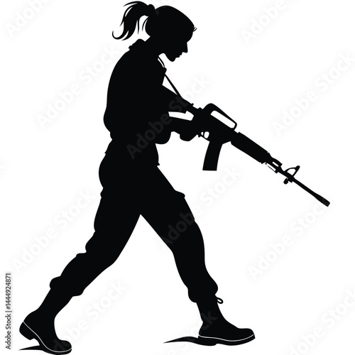 Silhouette Woman with Ponytail Walking with Rifle on White Background, Armed Trooper