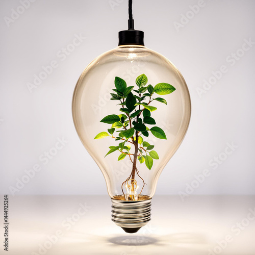 Glass light bulb with glowing sapling inside on white background, symbolizing green energy, sustainability, innovation, and the fusion of nature and technology with soft magical lighting