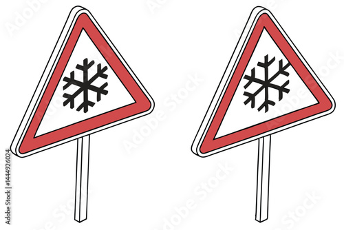 1 Road sign, warning triangle, snowflake symbol, icy conditions alert, red border, white background, metallic pole, reflective surface, winter hazard, traffic safety, minimalist design, weather warnin