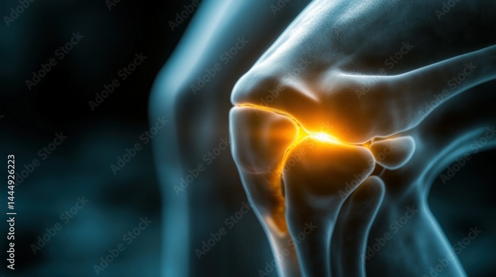 Knee joint pain highlighted.  Visible skeletal structure