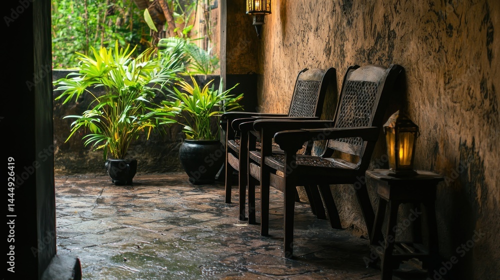 Obraz premium Two wooden chairs sit in a dimly lit natural outdoor space