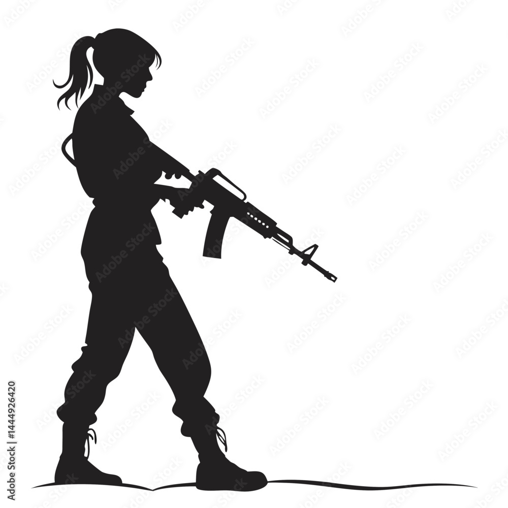 Silhouette Woman Soldier Full Body, Walking, Assault Rifle, Ponytail, Boots, Isolated Silhouette Woman Soldier Full Body, Walking, Assault Rifle, Ponytail, Boots, Isolated