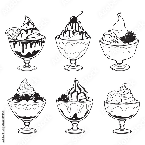 Hand-drawn line art of ice cream sundae in bowl