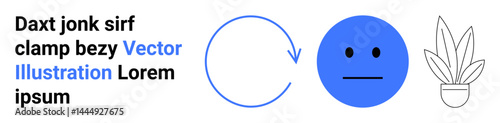 Rotating arrow loop, blue neutral emoticon, and a simple potted plant represent emotions, sustainability, and growth. Ideal for mindfulness, environment, recycling, education positivity self-care