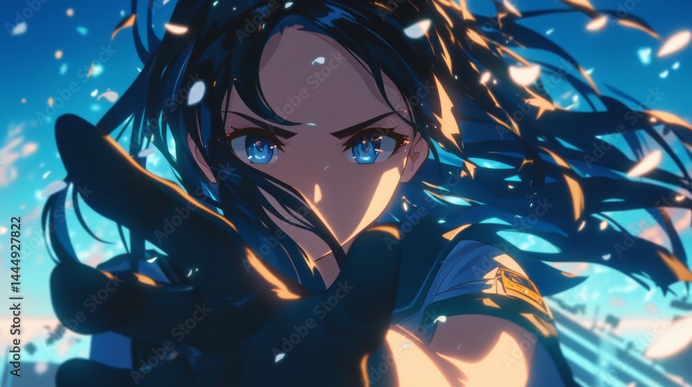 Fototapeta premium 躍動感あふれる白髪の美少女キャラクター・アニメスタイルのファンタジーイラスト