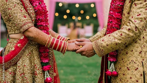 Indian bride and groom holding hands during wedding ceremony with garlands