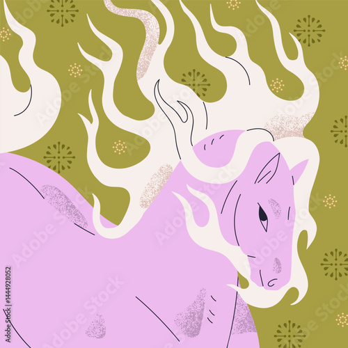 Fire horse, post card. Magic Chinese lunar zodiac animal, fairy fantasy mare with graceful flowing mane, square background. Asian oriental eastern mystic fairytale mascot. Flat vector illustration