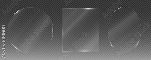 Transparent glass effect, realistic window mockups, mirror set, glass showcase on transparent background, vector png. Glass banner, acrylic smooth surface.	
