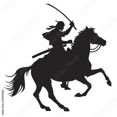Silhouette of Asian Warrior Riding Horse with Sword, Dynamic Black and White