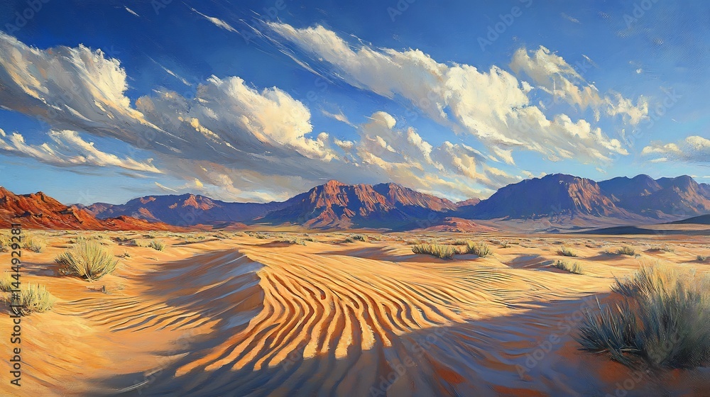 Naklejka premium Crisp realistic desert scene wind swept ripples in golden sand stark shadows and a vivid sky designed to look as if shot with a professional camera