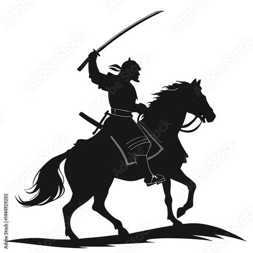 Silhouette Warrior Horseback Rider with Katana Sword, Black and White