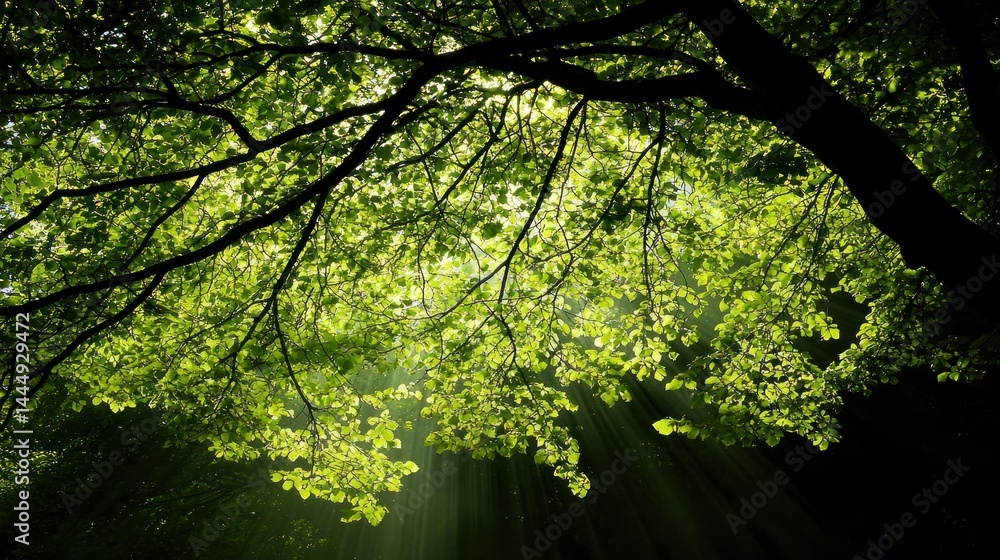 Fototapeta premium Sunlight Filters Through Lush Green Tree Leaves Creating a Radiant Scene