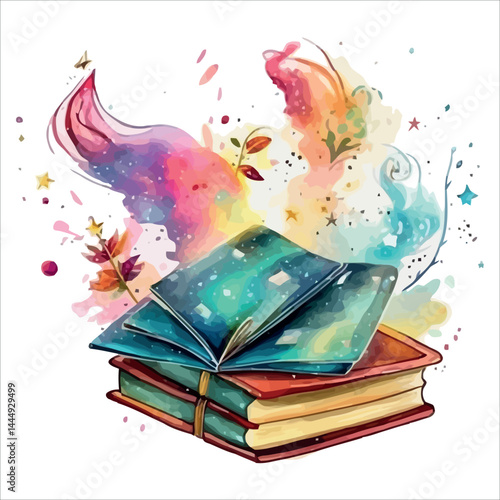 A girl with an open book holds a magic wand, illuminating a page of fantasy literature