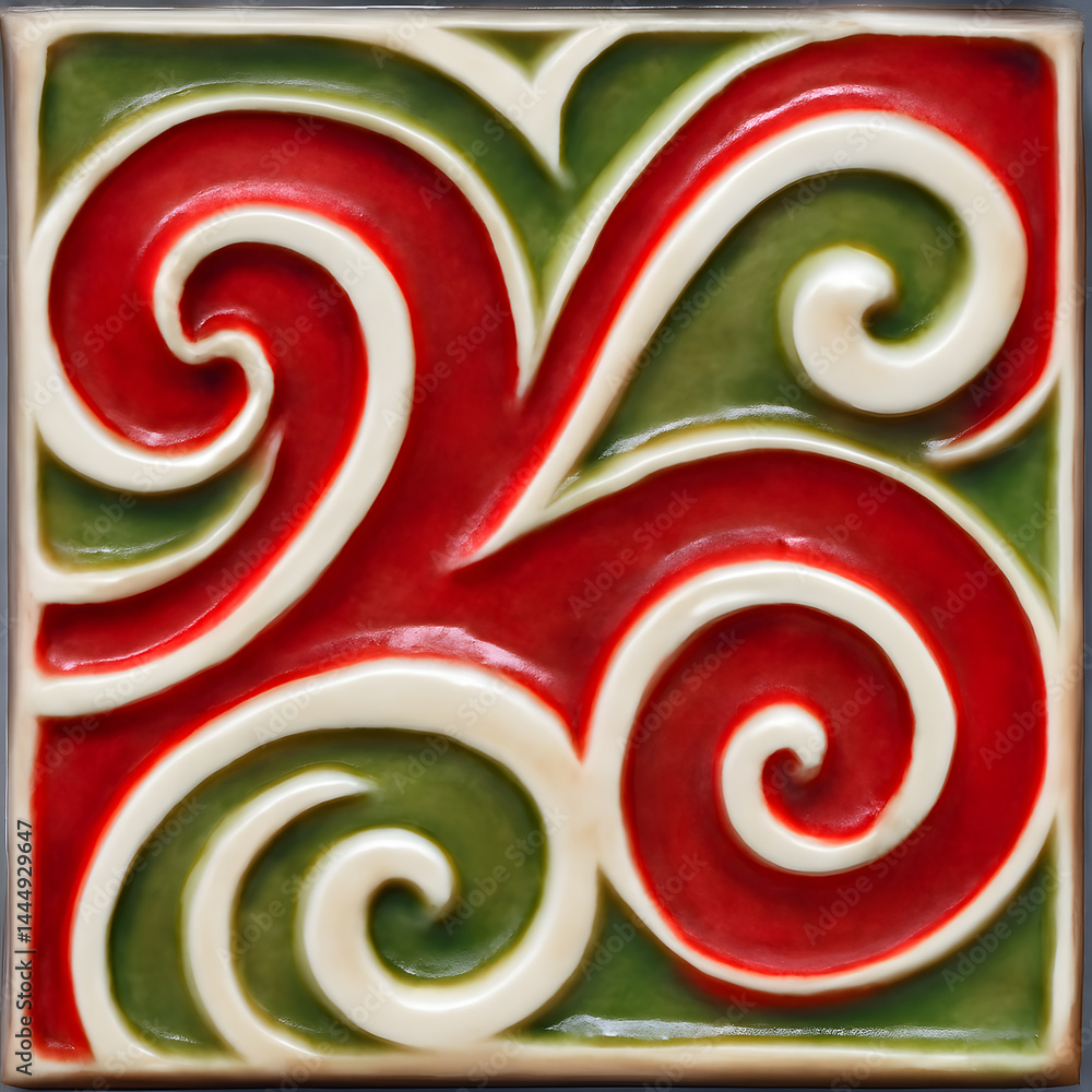 Embossed tile with swirling abstract shapes in vibrant red, white, and green