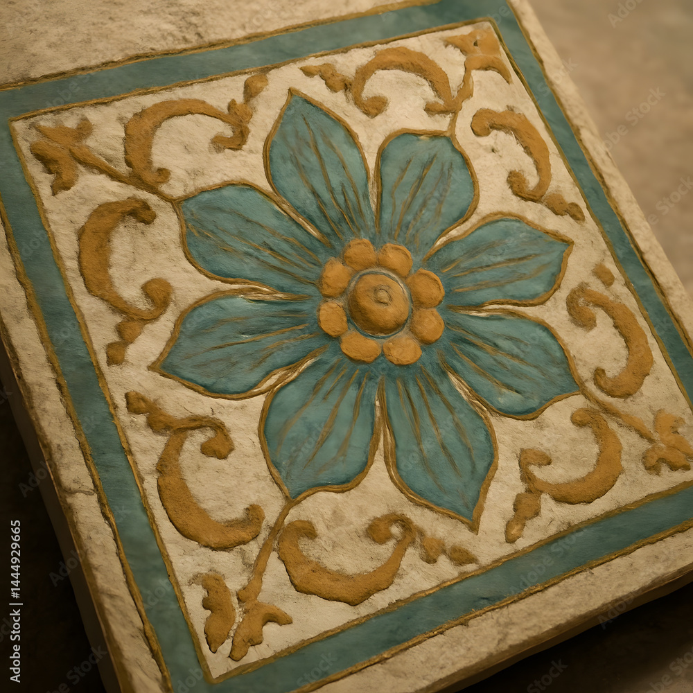 Textured tile with a central stylized flower in teal and gold surrounded by ornate scrolling designs