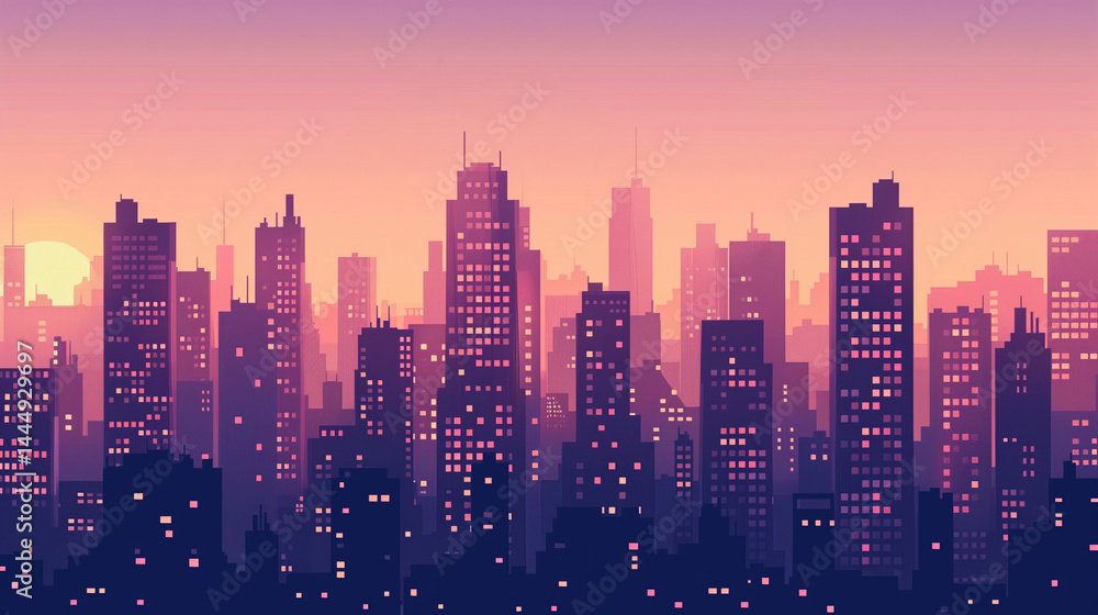 Fototapeta premium City skyline silhouette against a warm dusk sky, urban simplicity meets serene twilight.