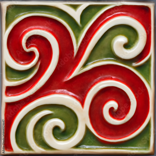Obraz na płótnie Embossed tile with swirling abstract shapes in vibrant red, white, and green w salonie