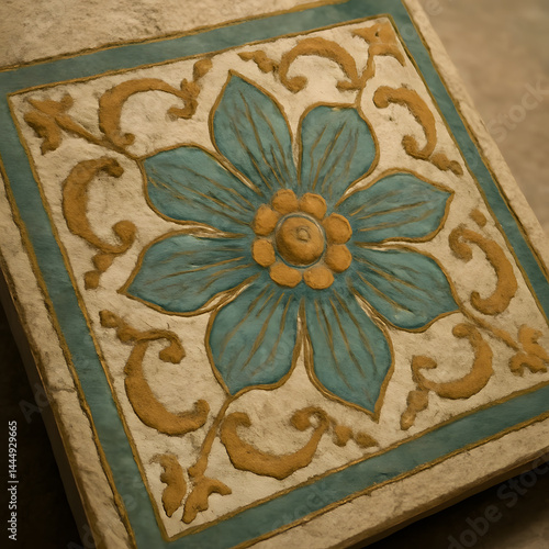 Obraz na płótnie Textured tile with a central stylized flower in teal and gold surrounded by ornate scrolling designs w salonie