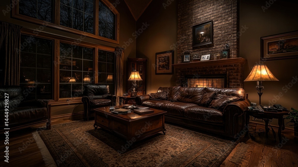 Obraz premium A dimly lit living room with leather furniture and fireplace