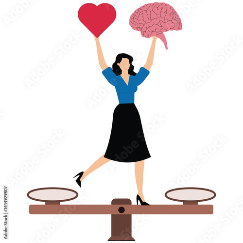 Businesswoman balancing between brain and heart on scale