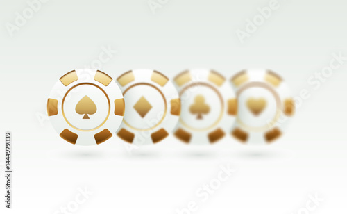 Minimalistic white and gold poker chips featuring spade, diamond, club, and heart symbols. Elegant and modern design for casino UI, gambling apps, banners, or online poker game elements