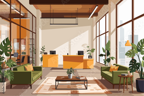 Modern office interior with comfortable furniture, panoramic windows and a lot of green potted plants. Colorful vector illustration