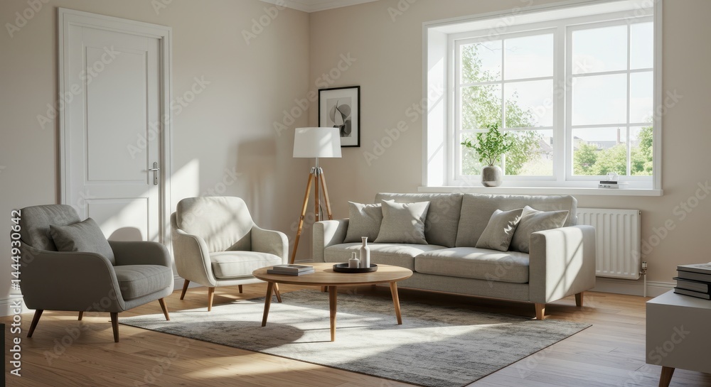 Fototapeta premium Bright living room with sofa, armchairs, coffee table, and natural light from the window