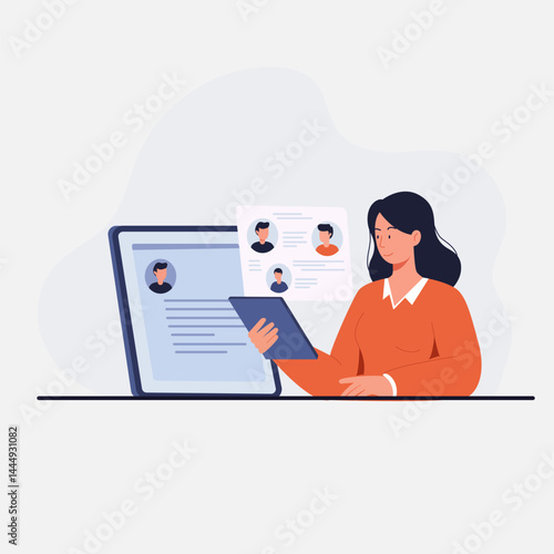 A woman looking at the profiles of her employees with a white background, flat art vector illustration